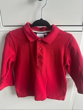 Boss Kids Red Long Sleeve Polo with Embroidered Logo
